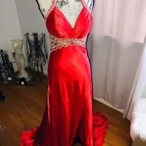 Tony Bowls Le Gala lady in red silk dress